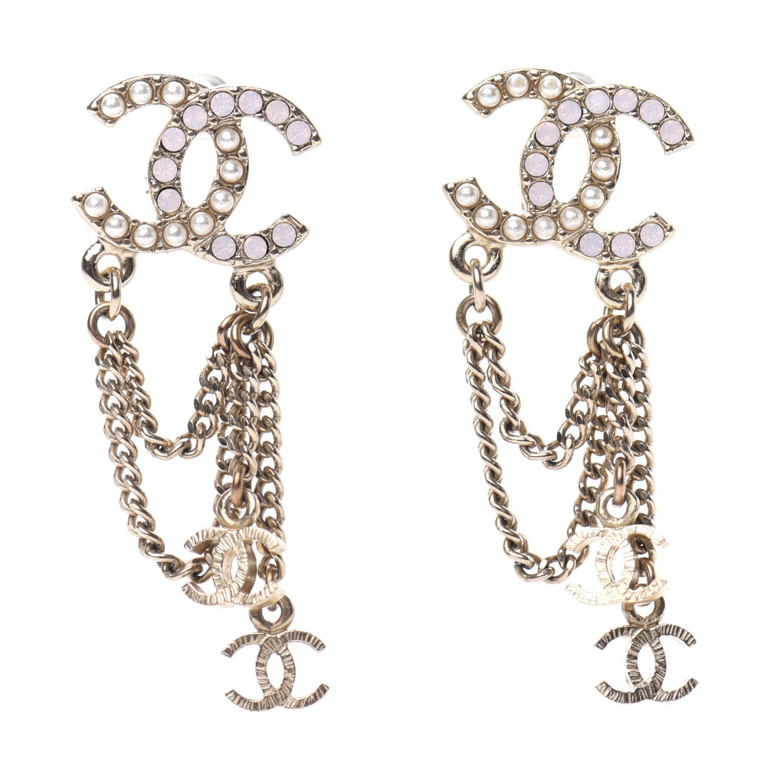 Chanel Pearl Chain CC Drop Earrings Gold Pink 1 of 4