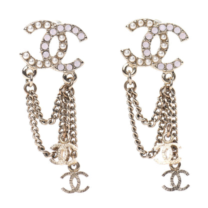 Chanel Pearl Chain CC Drop Earrings Gold Pink 1 of 4