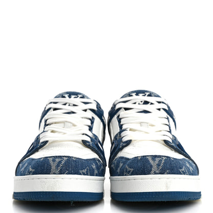 Louis Vuitton Calfskin Embossed Monogram Denim Mens LV Trainer Sneakers 11 Blue 3 of 9