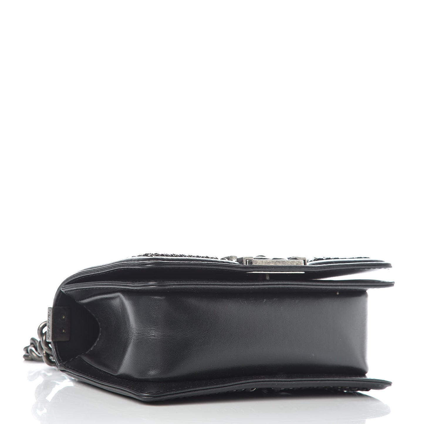 Shiny Goatskin Quilted Small Boy Top Handle Flap Charcoal