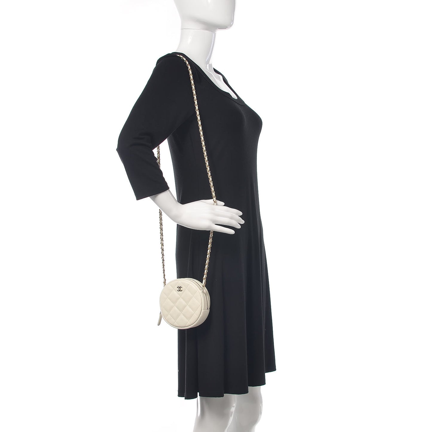 Caviar Quilted Round Clutch With Chain White