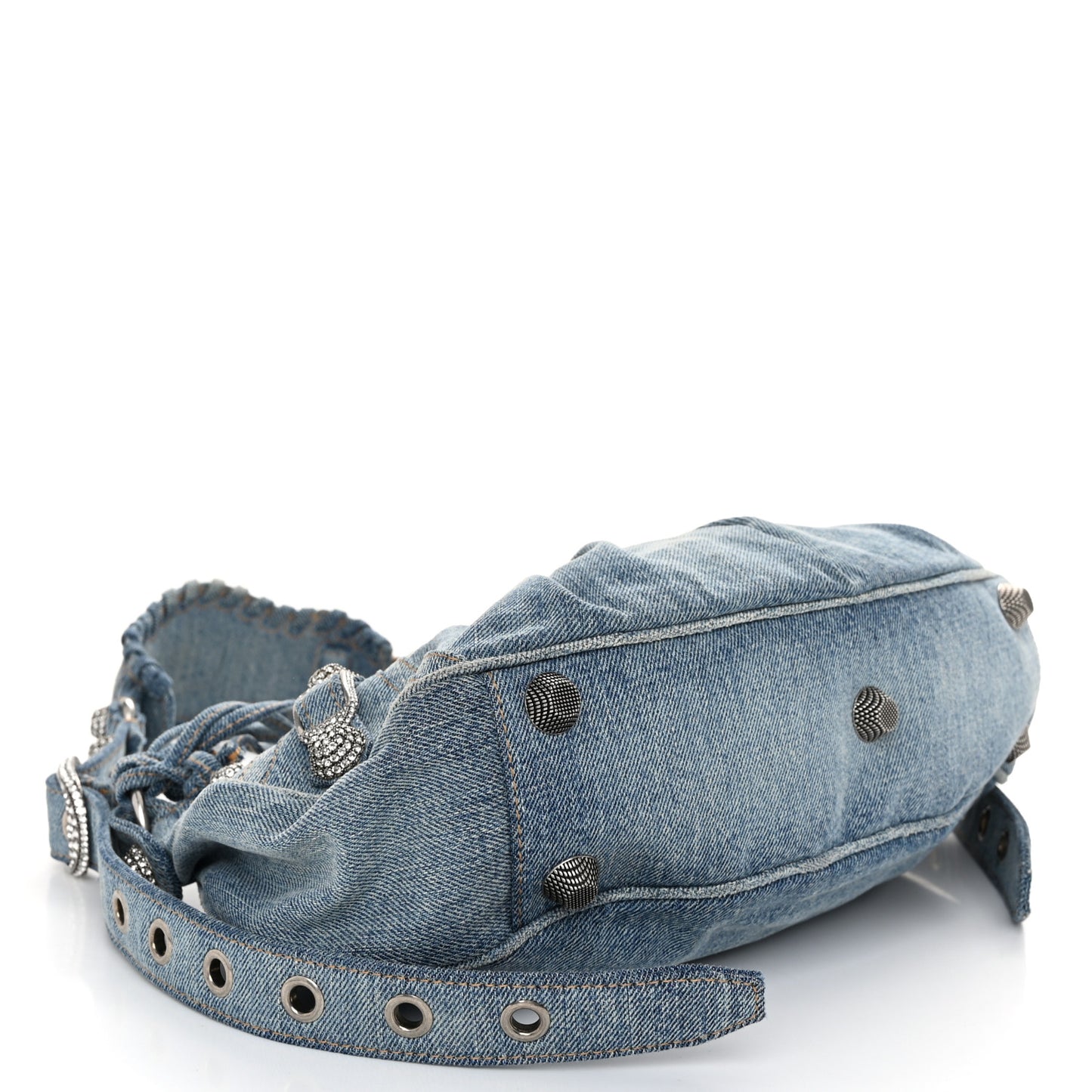 Washed Frayed Denim Crystal Small Le Cagole Shoulder Bag Blue