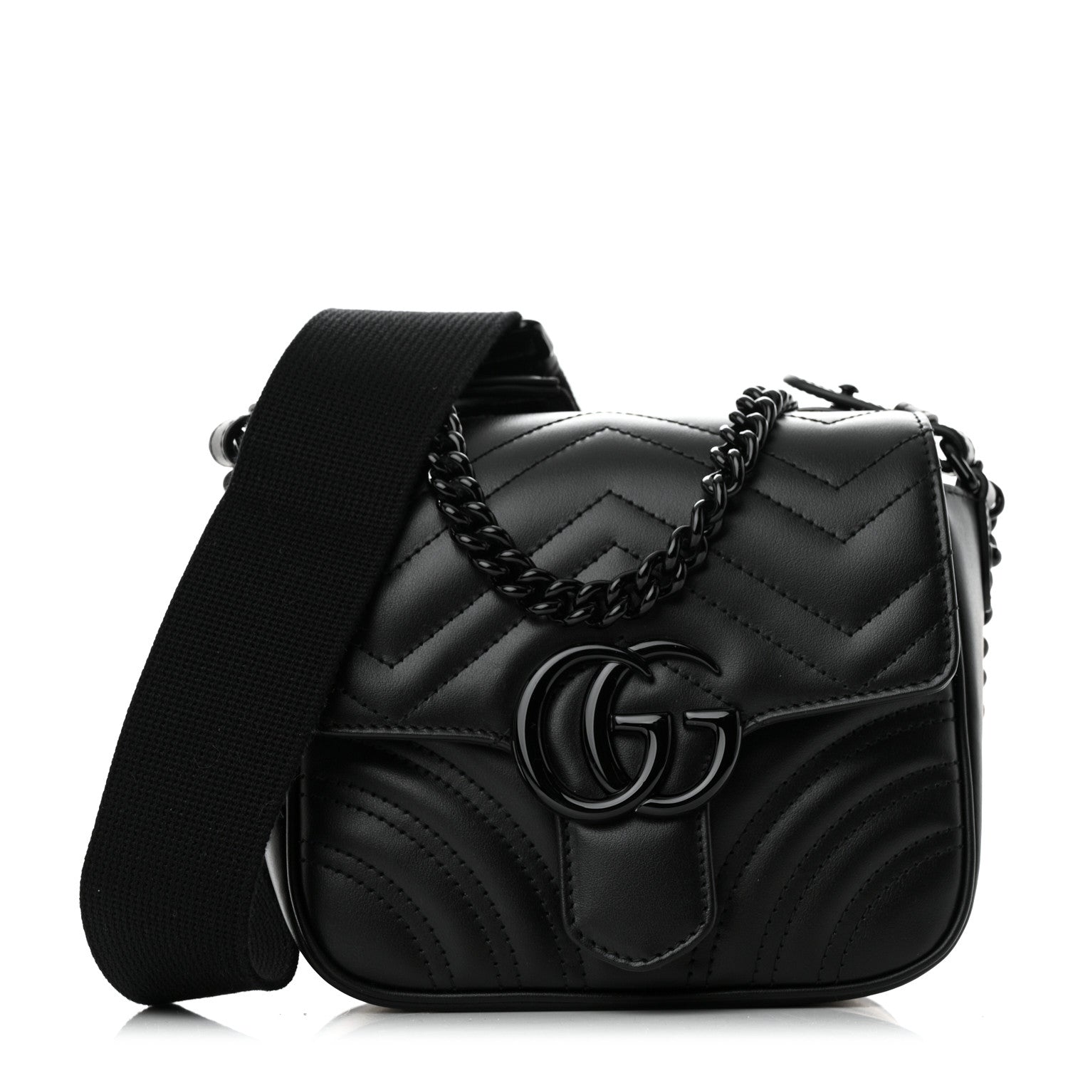 Gucci Calfskin Matelasse Monochrome Mini GG Marmont Crossbody Shoulder Bag Black 1 of 10