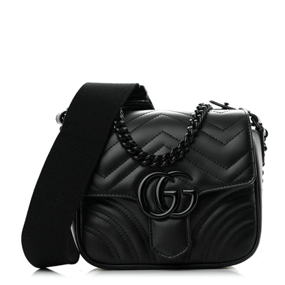 Gucci Calfskin Matelasse Monochrome Mini GG Marmont Crossbody Shoulder Bag Black 1 of 10
