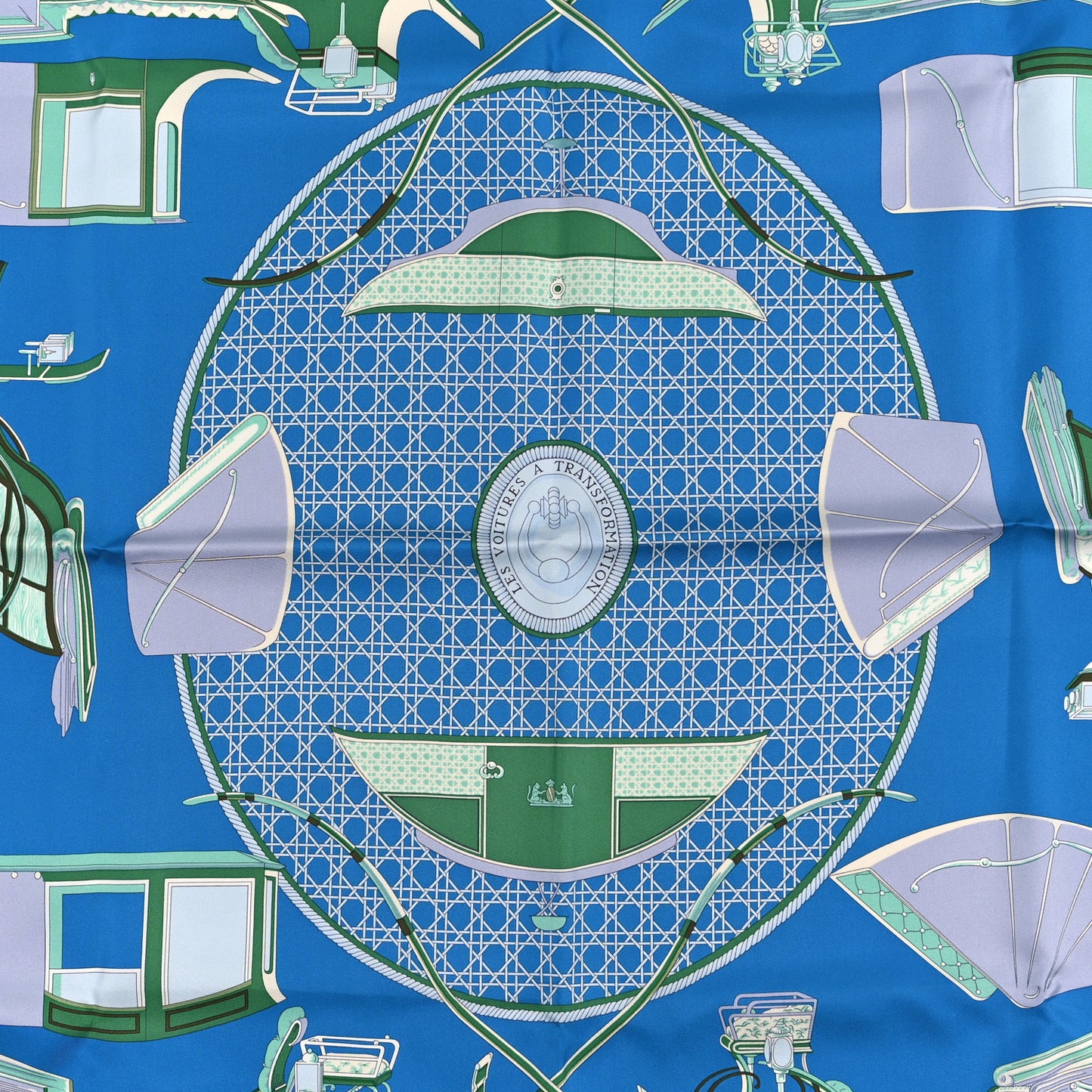 Silk Les Voitures A Transformation Scarf 90 Bleu Cobalt Ivoire Vert