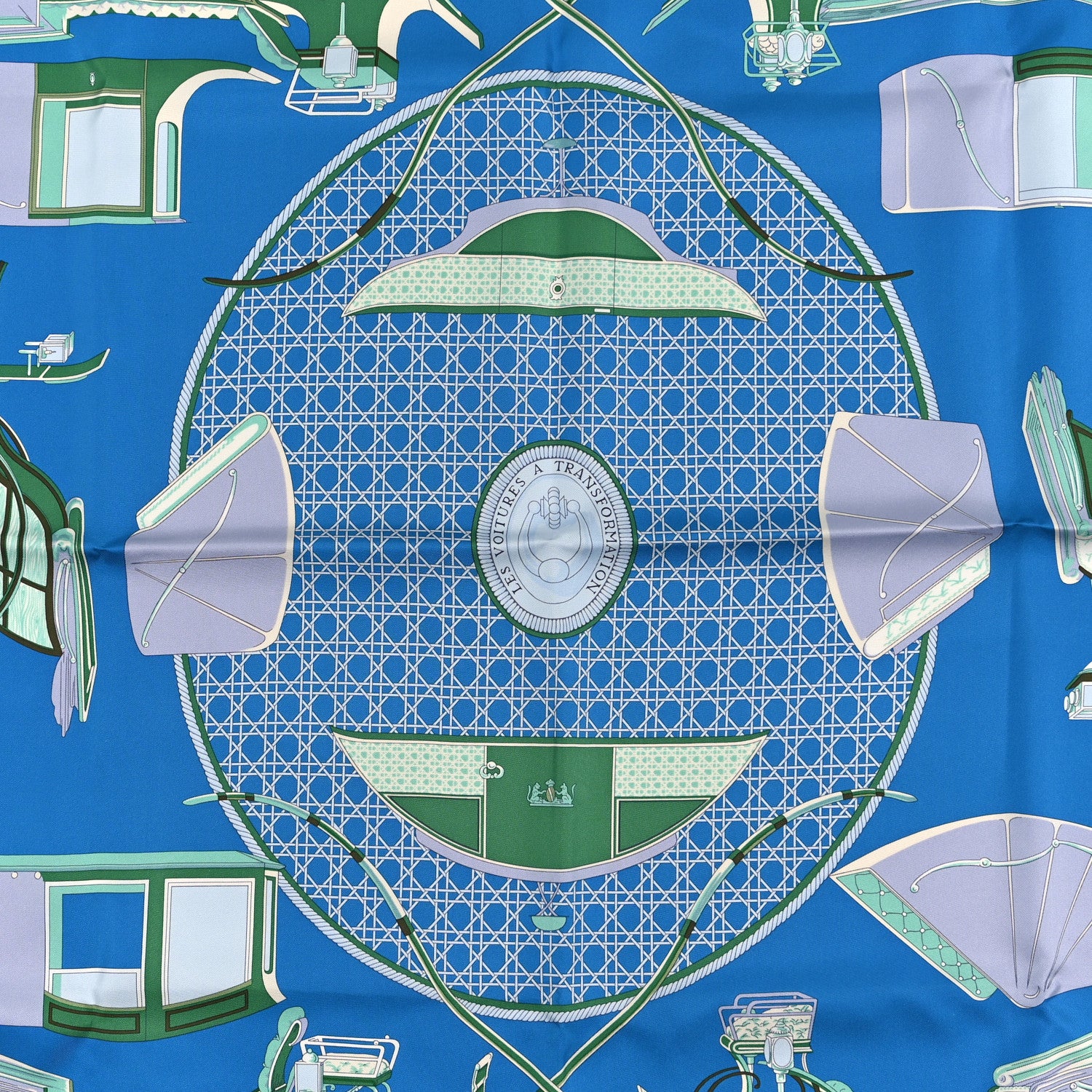 Hermes Silk Les Voitures A Transformation Scarf 90 Bleu Cobalt Ivoire Vert 2 of 3