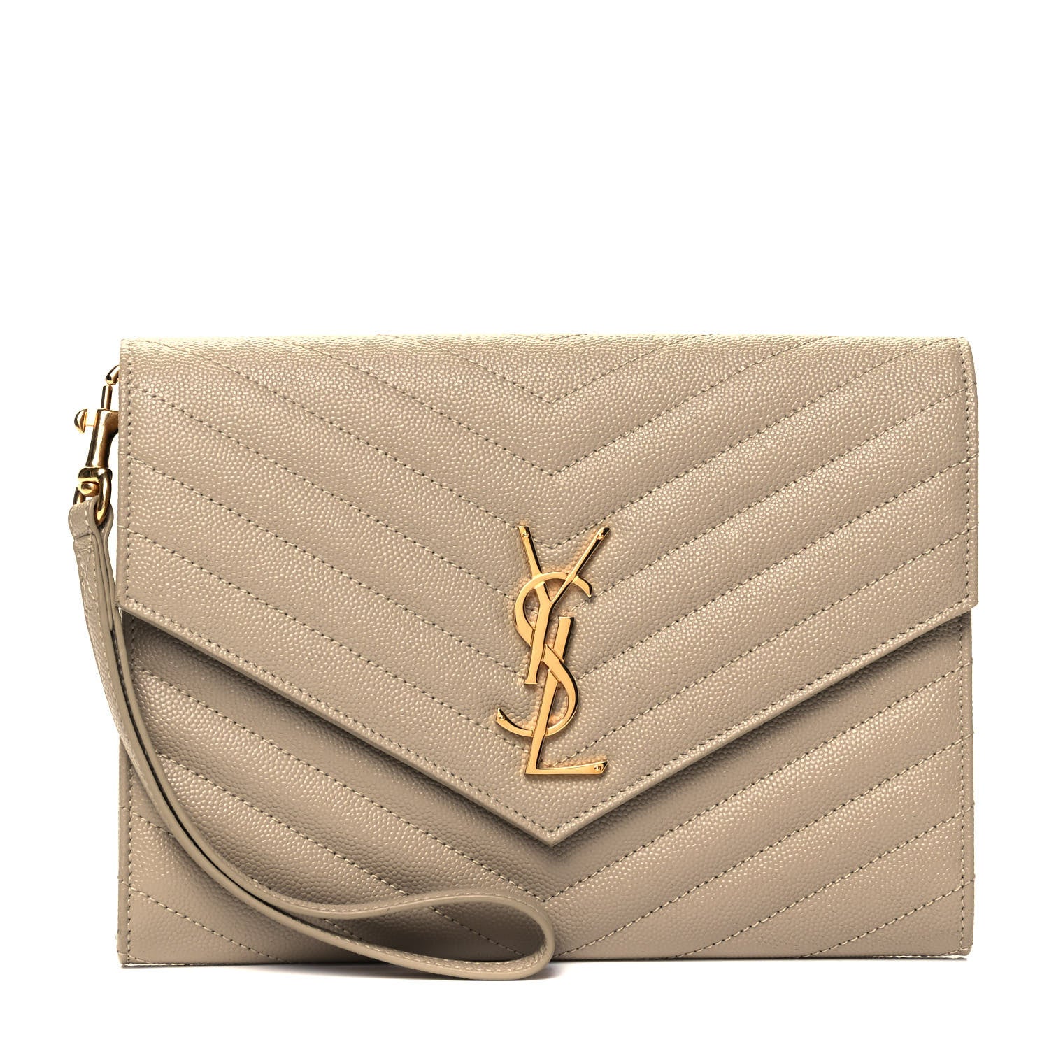 Saint Laurent Grain De Poudre Matelasse Chevron Monogram Envelope Clutch Dark Beige 1 of 8