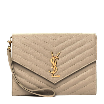 Saint Laurent Grain De Poudre Matelasse Chevron Monogram Envelope Clutch Dark Beige 1 of 8