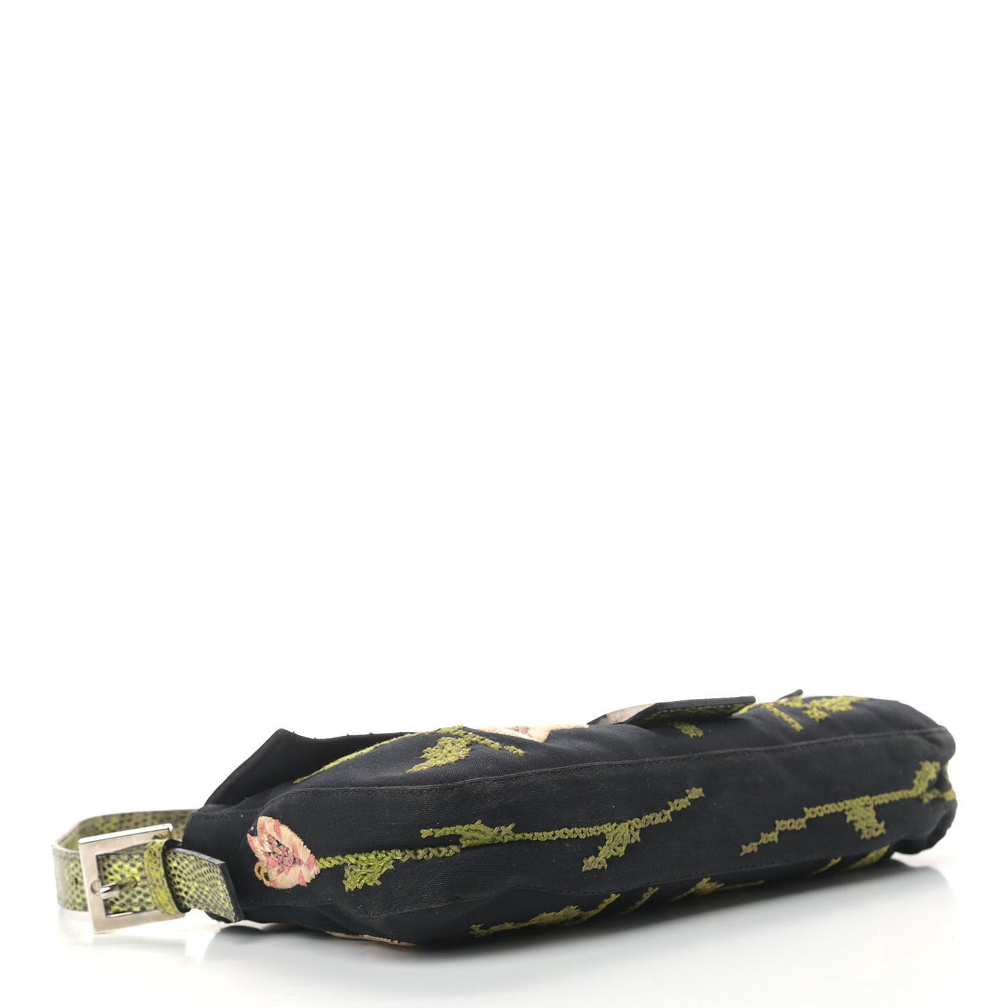 Canvas Lizard Embroidered Flower Baguette Black Multicolor