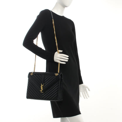 Saint Laurent Grain De Poudre Matelasse Chevron Large Monogram Satchel Black 2 of 10