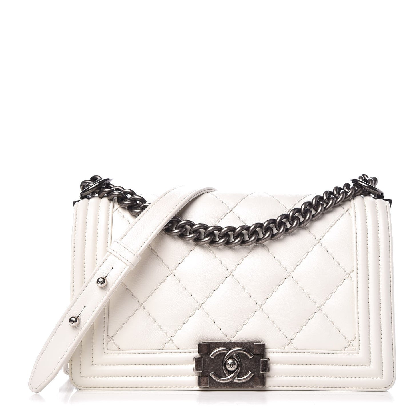 Calfskin Double Stitch Medium Boy Flap White