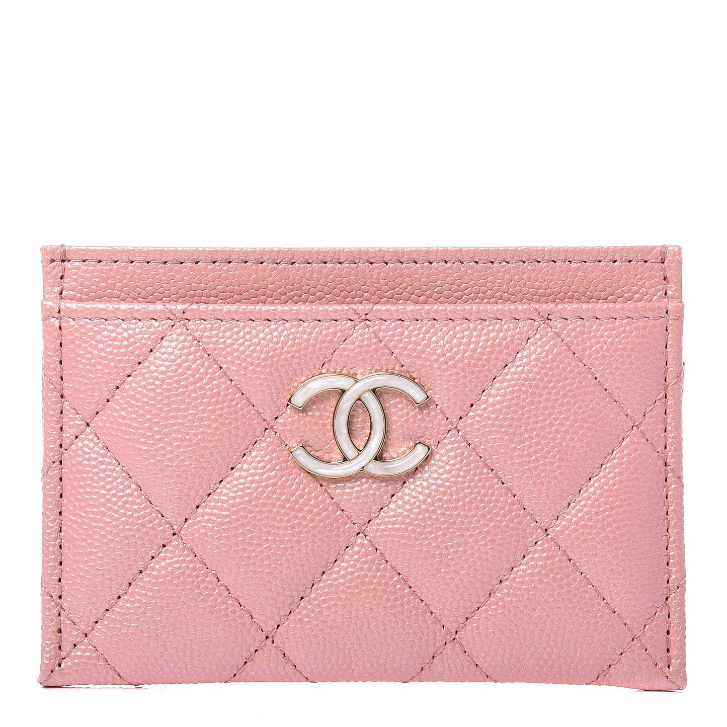 Iridescent Caviar Quilted Card Holder Pink