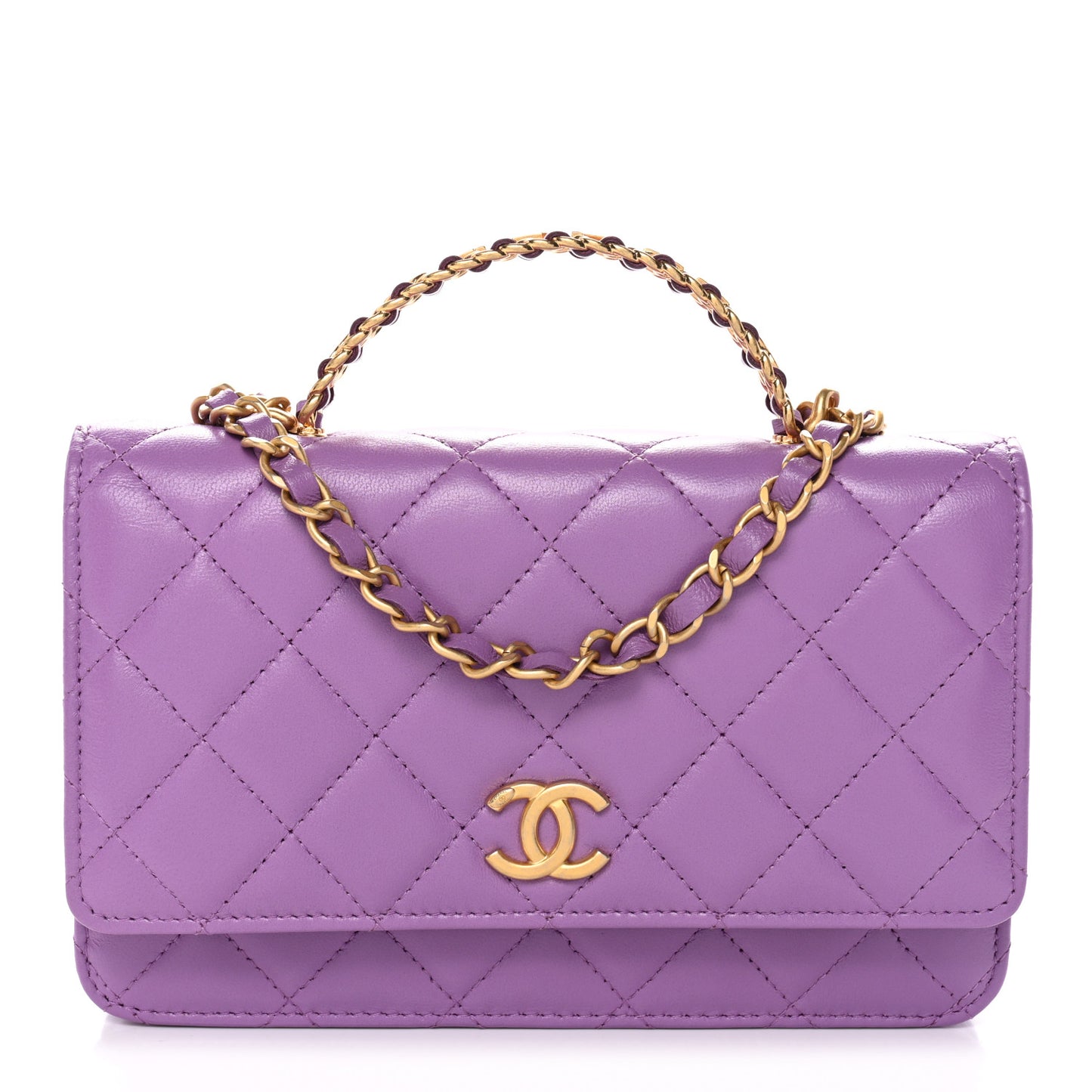Lambskin Quilted Pick Me Up Wallet On Chain WOC Purple