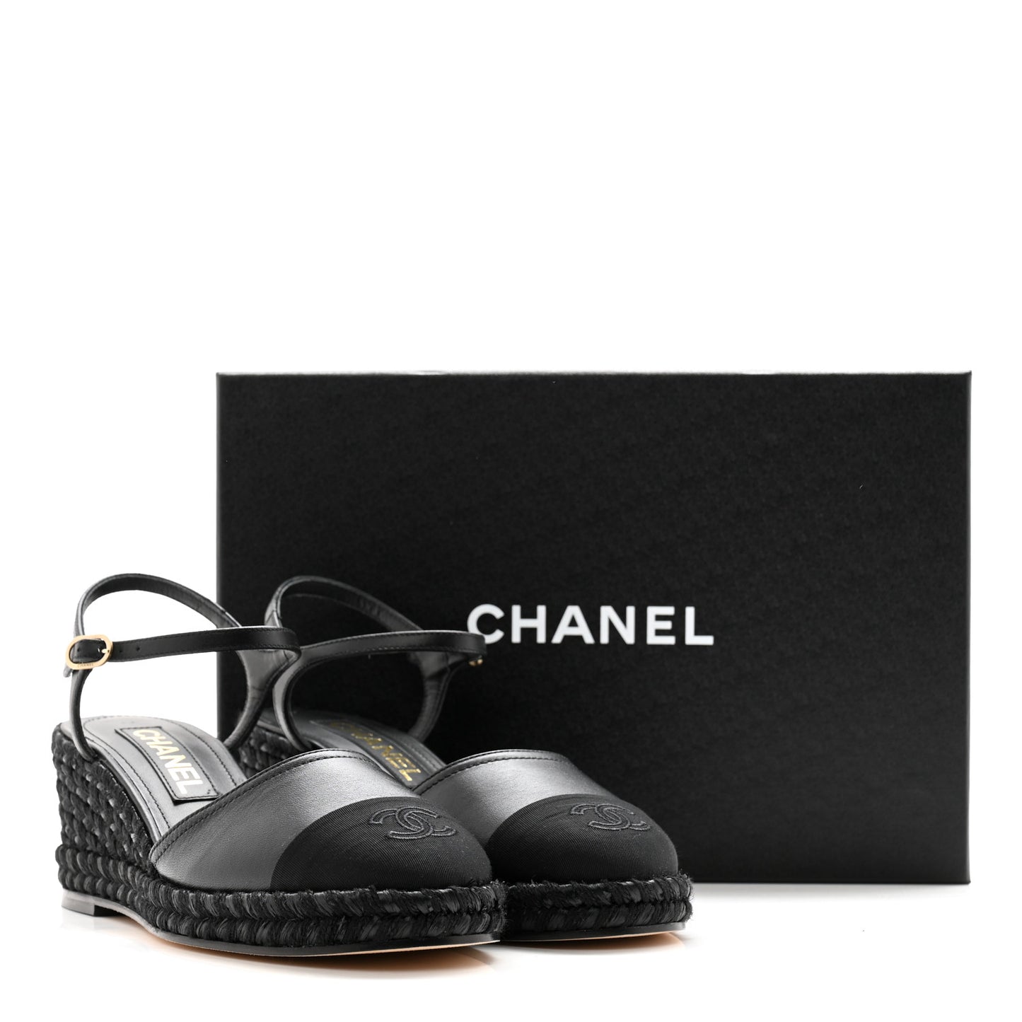 Lambskin Grosgrain CC Espadrilles Wedges 38 Black
