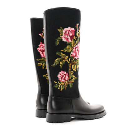 Saint Laurent Calfskin Woven Wool Embroidered Knee High Boots 37 Black 4 of 18