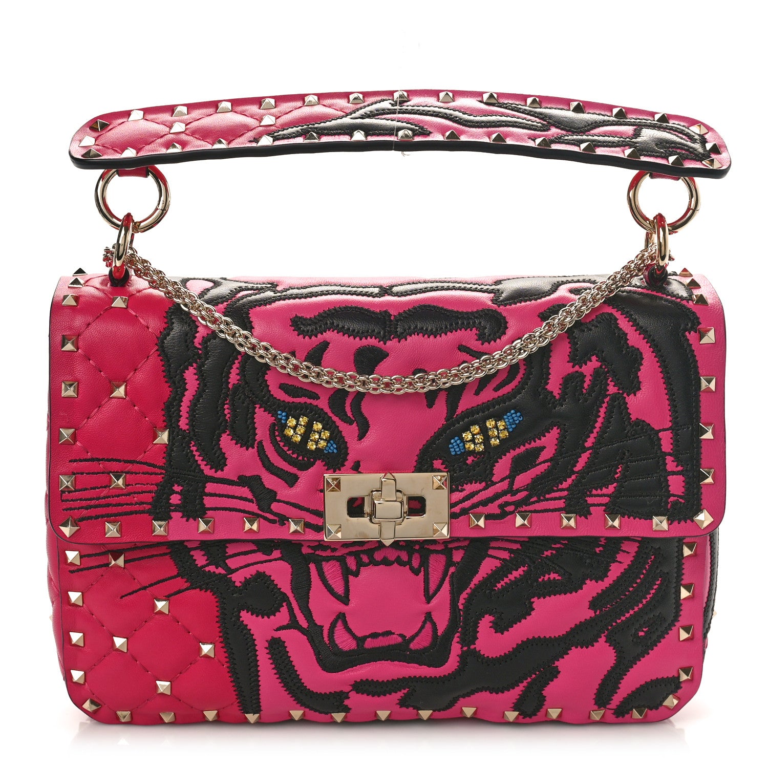 Valentino Garavani Nappa Crystal Tiger Medium Rockstud Spike Shoulder Bag Pink 1 of 8