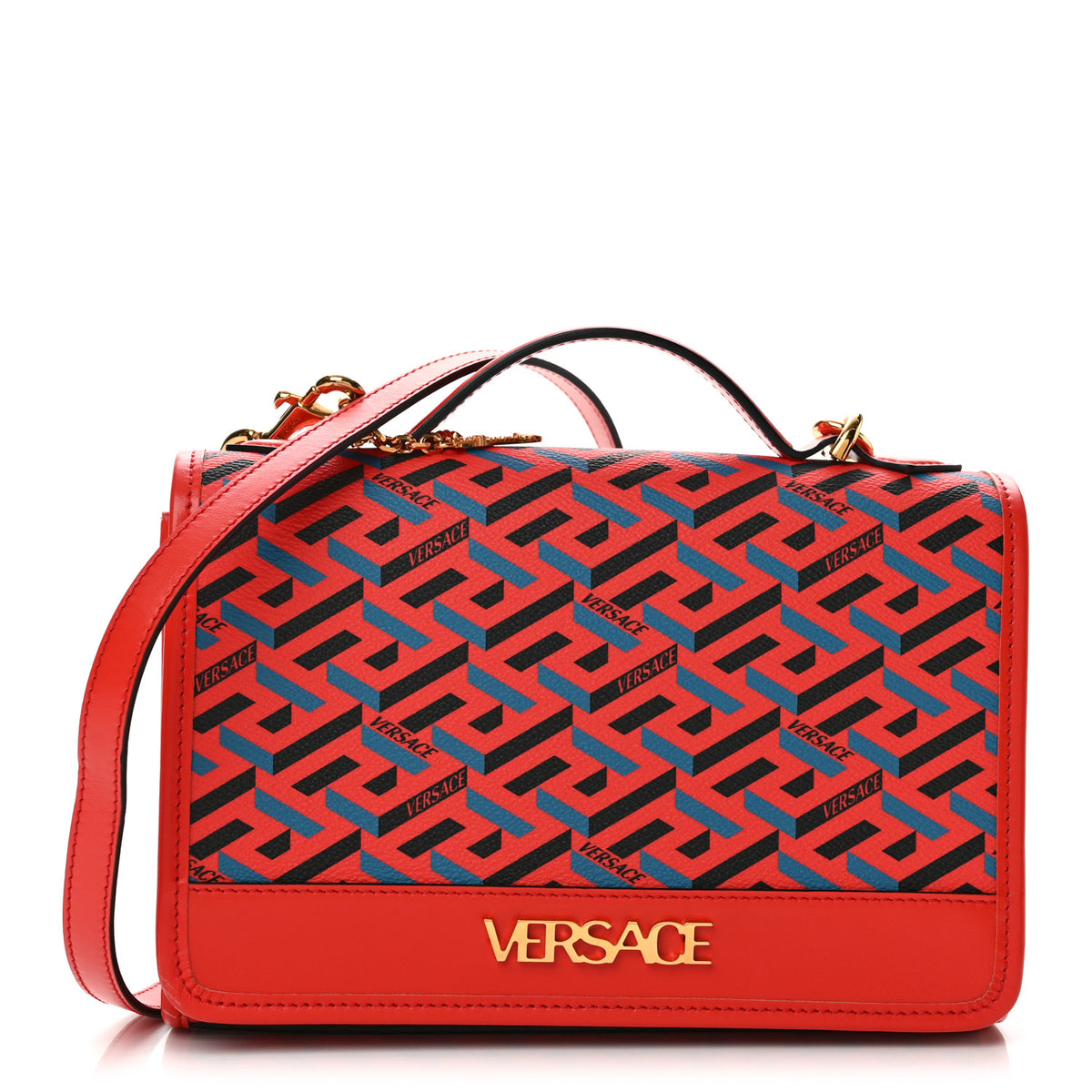 Coated Canvas La Greca Signature Top Handle Bag Blue Red