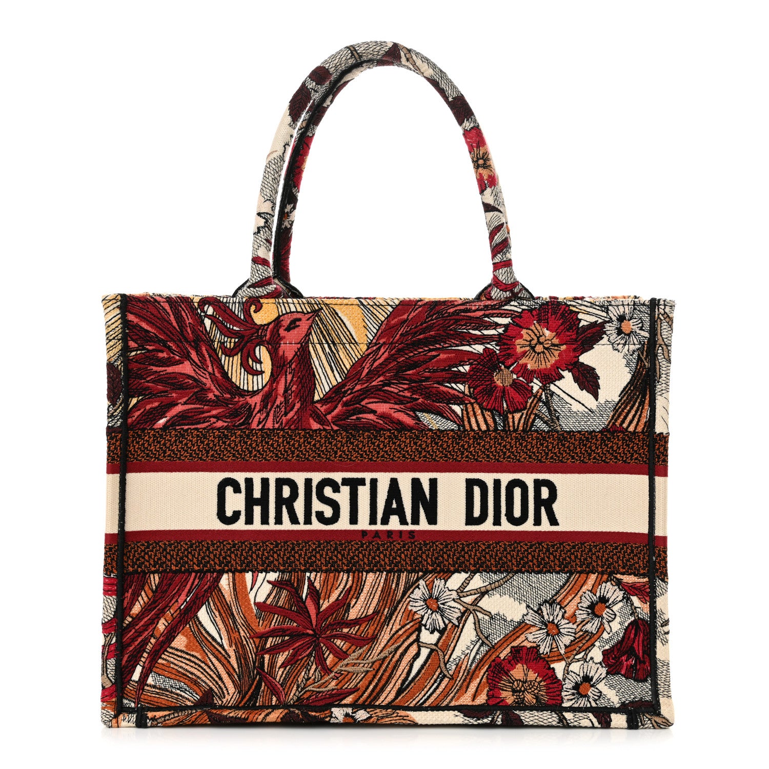 Christian Dior Canvas Embroidered Phoenix Medium Book Tote Red Multicolor 1 of 11