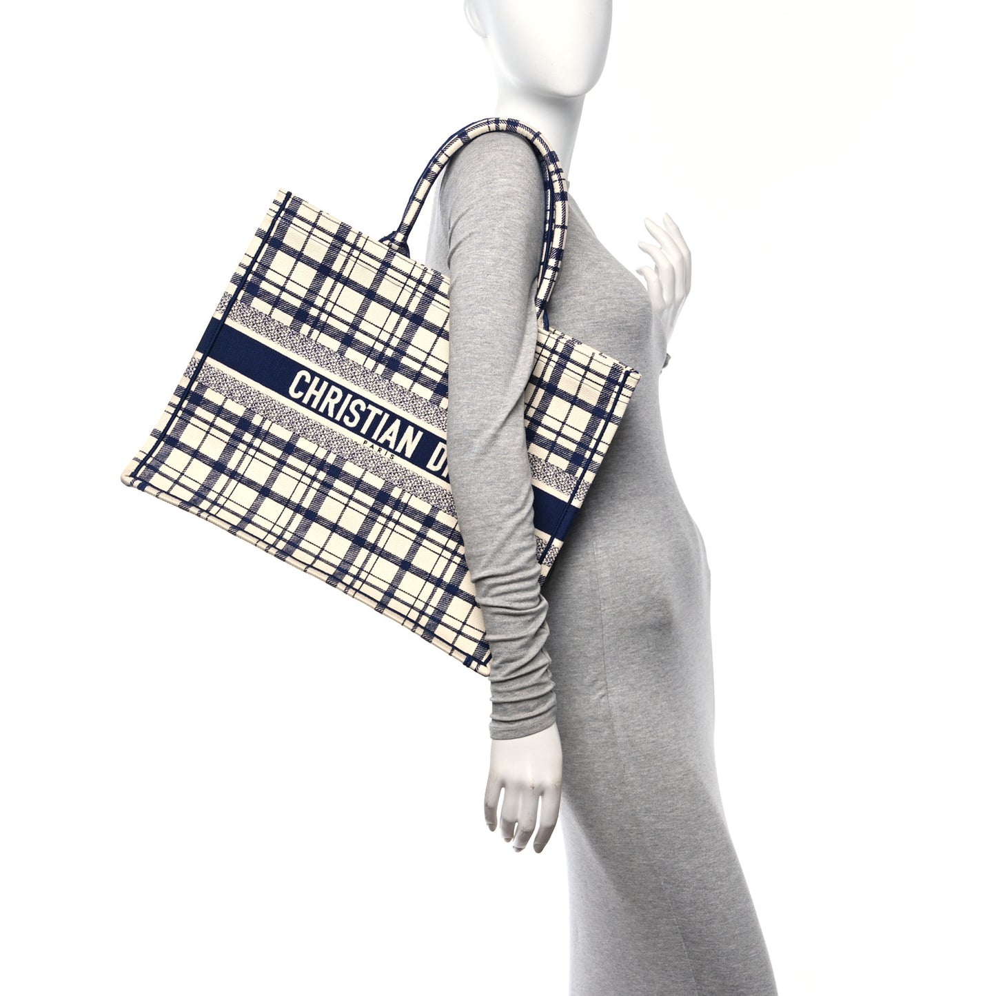 Canvas Embroidered Large Plaid Book Tote Navy