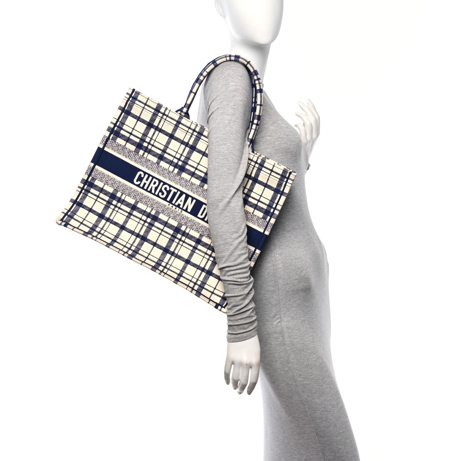 Christian Dior Canvas Embroidered Large Plaid Book Tote Navy 3 of 10