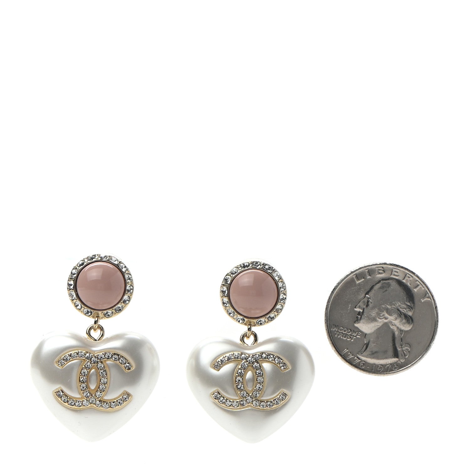 Chanel Pearl Resin Crystal CC Heart Drop Earrings Pink Gold 2 of 4
