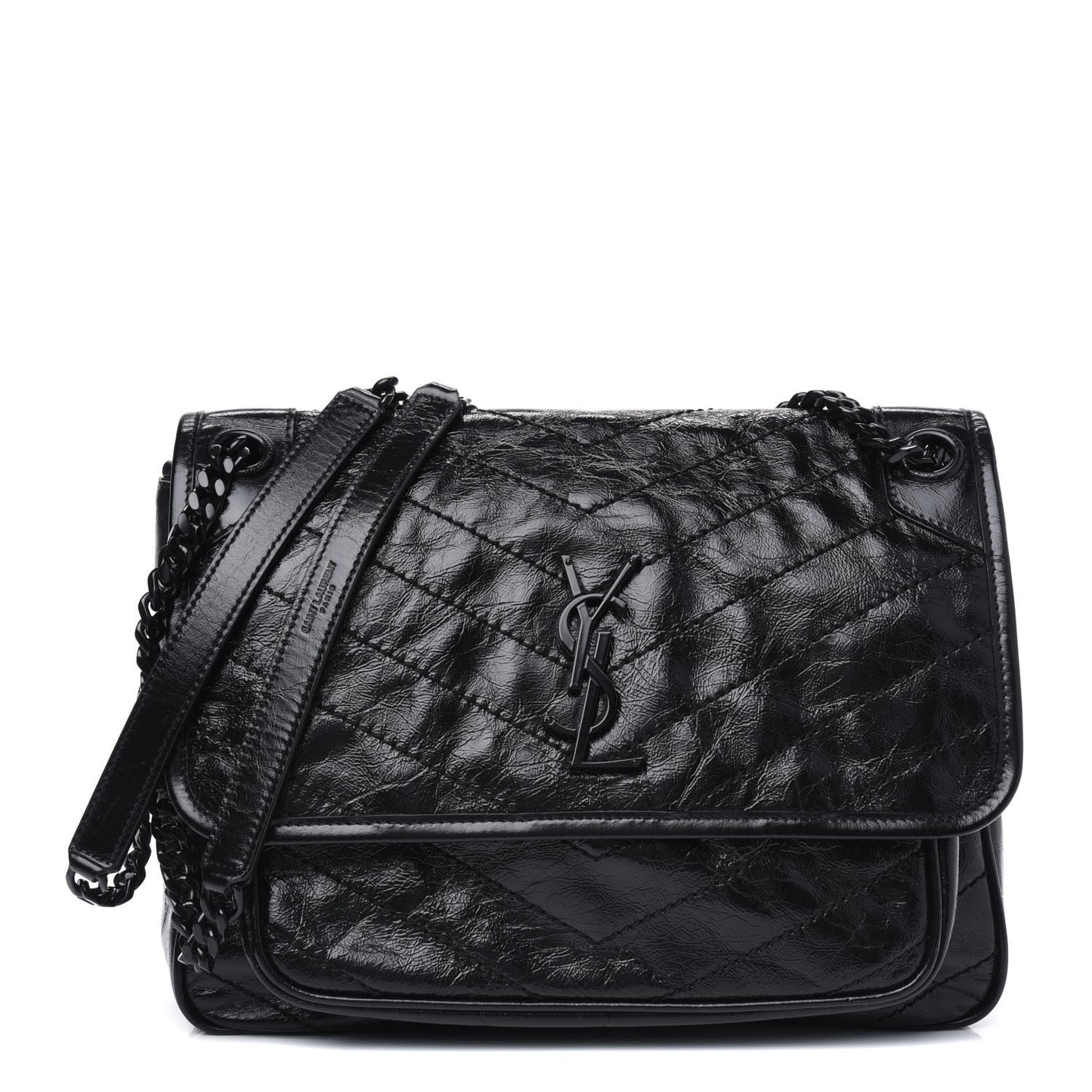 Crinkled Calfskin Matelasse Monogram Medium Niki Chain Satchel Black