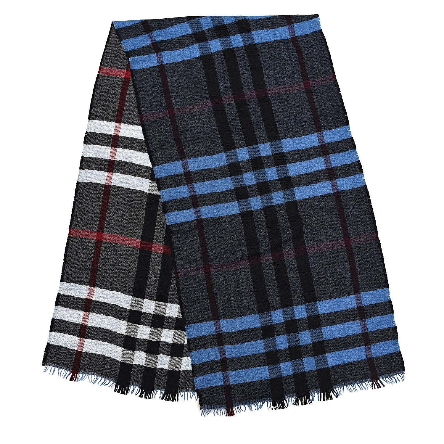 Burberry Wool Reversible Color Check Scarf Blue Stone 3 of 5