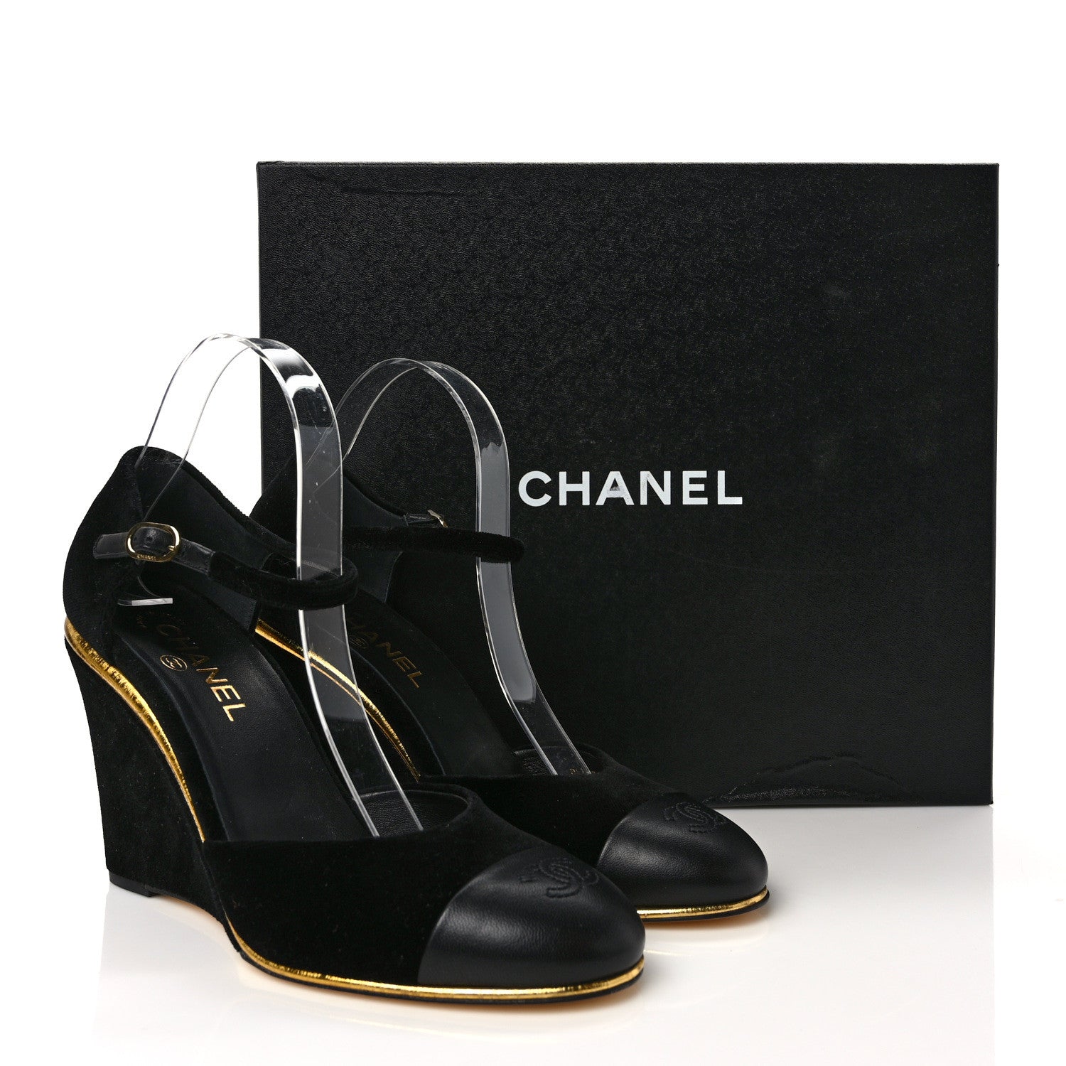 Chanel Velvet Lambskin Cap Toe Wedges 39.5 Black 8 of 8