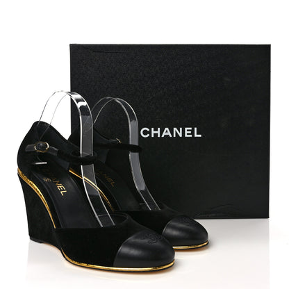 Chanel Velvet Lambskin Cap Toe Wedges 39.5 Black 8 of 8