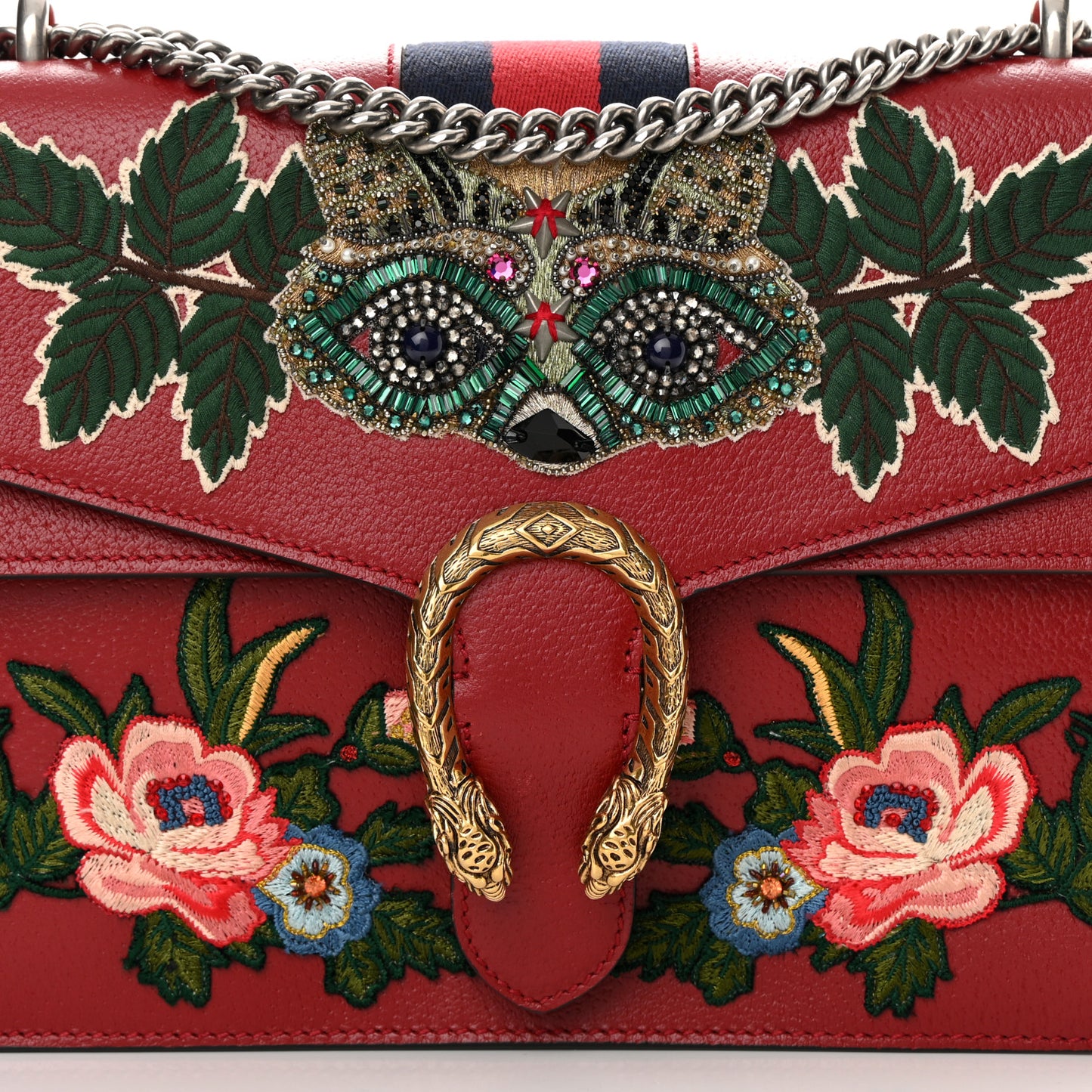 Calfskin Web Raccoon Embroidered Medium Dionysus Shoulder Bag Red