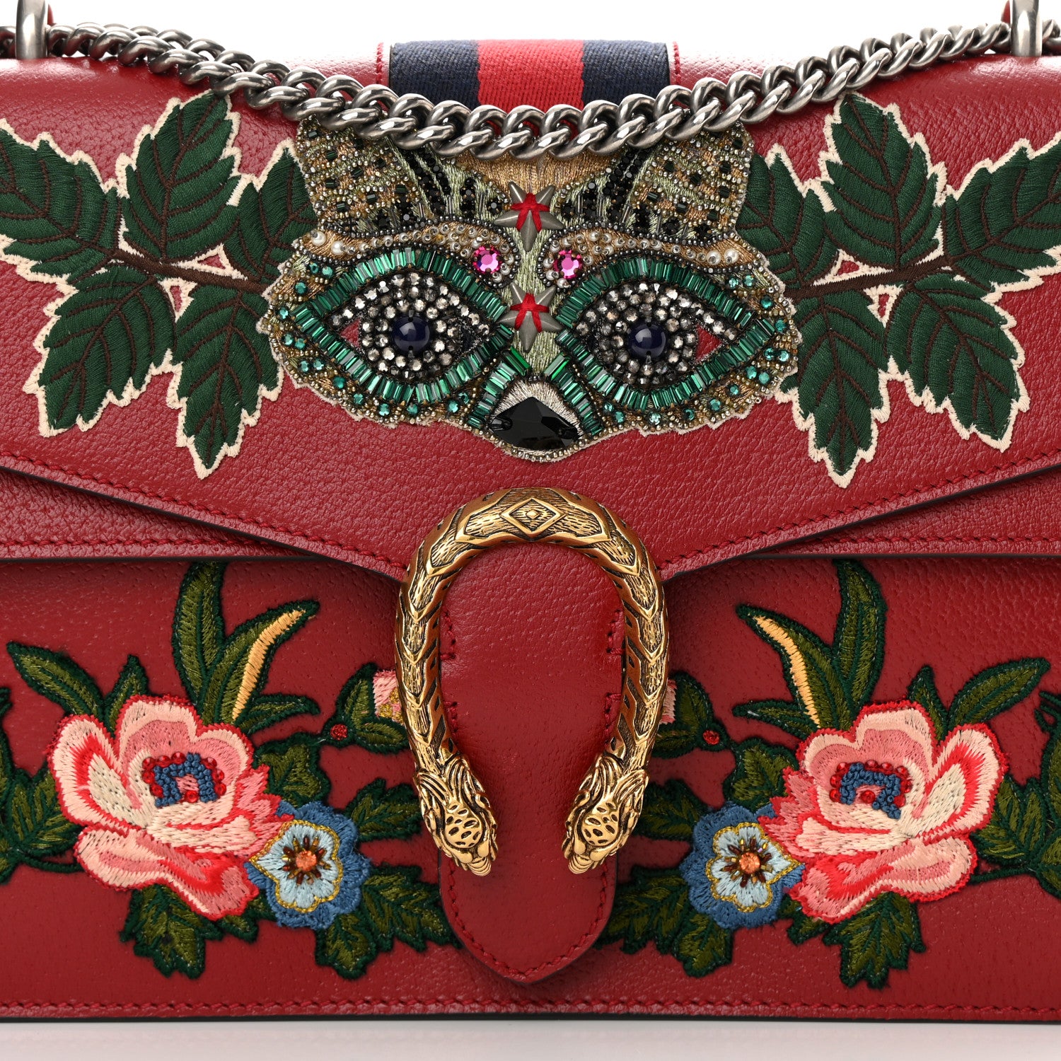 Gucci Calfskin Web Raccoon Embroidered Medium Dionysus Shoulder Bag Red 8 of 16