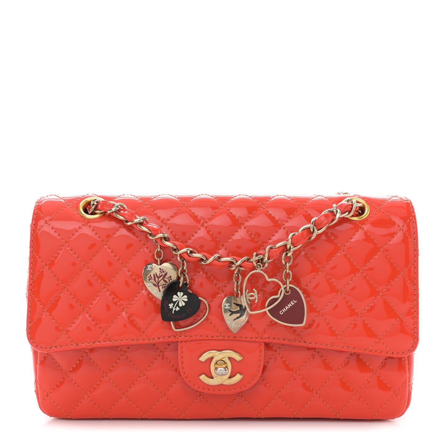 Patent Calfskin Quilted Valentine Charms Medium Single Flap Red