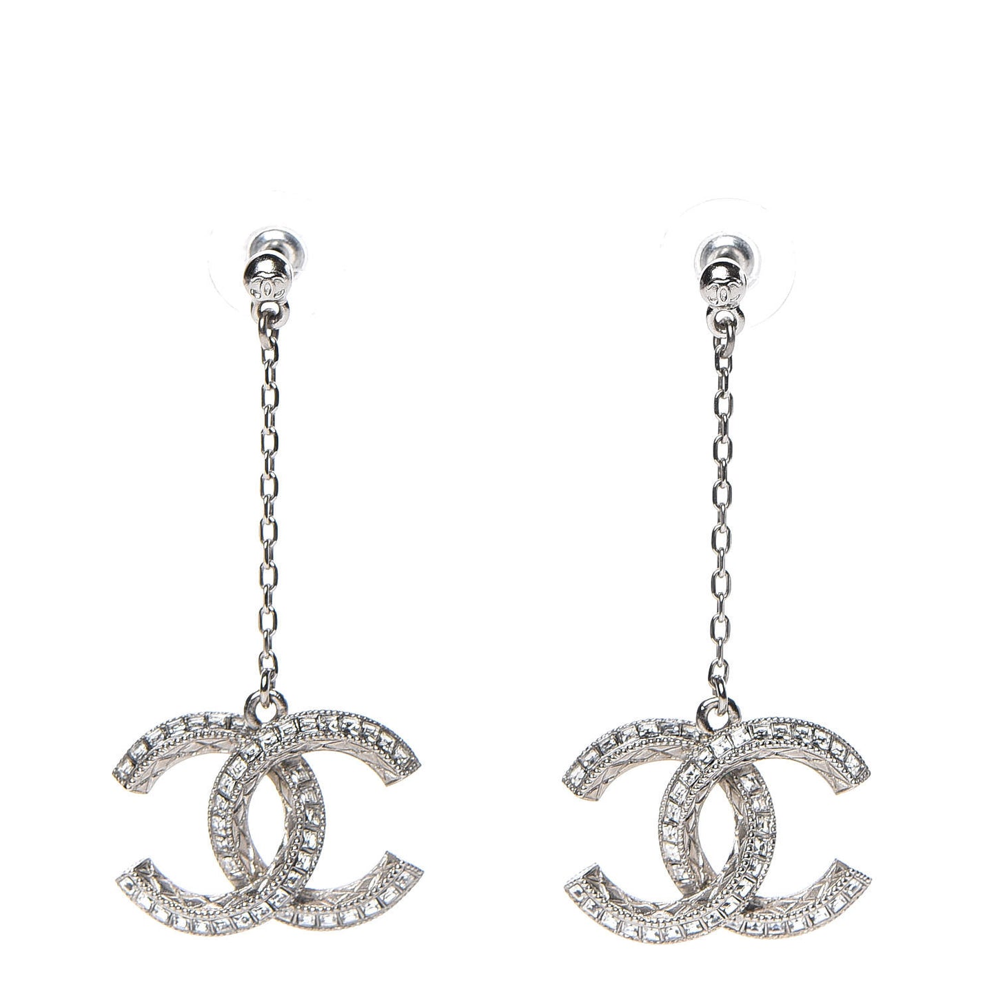 Baguette Crystal CC Drop Earrings Silver