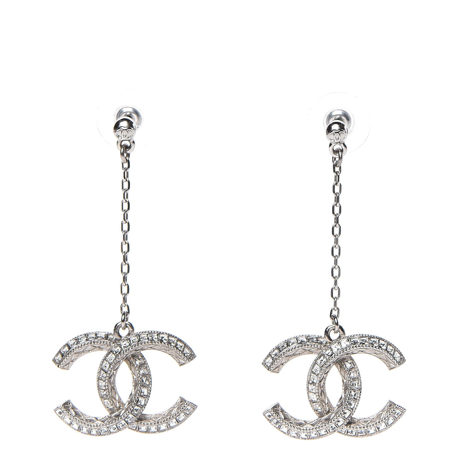 Chanel Baguette Crystal CC Drop Earrings Silver 1 of 5
