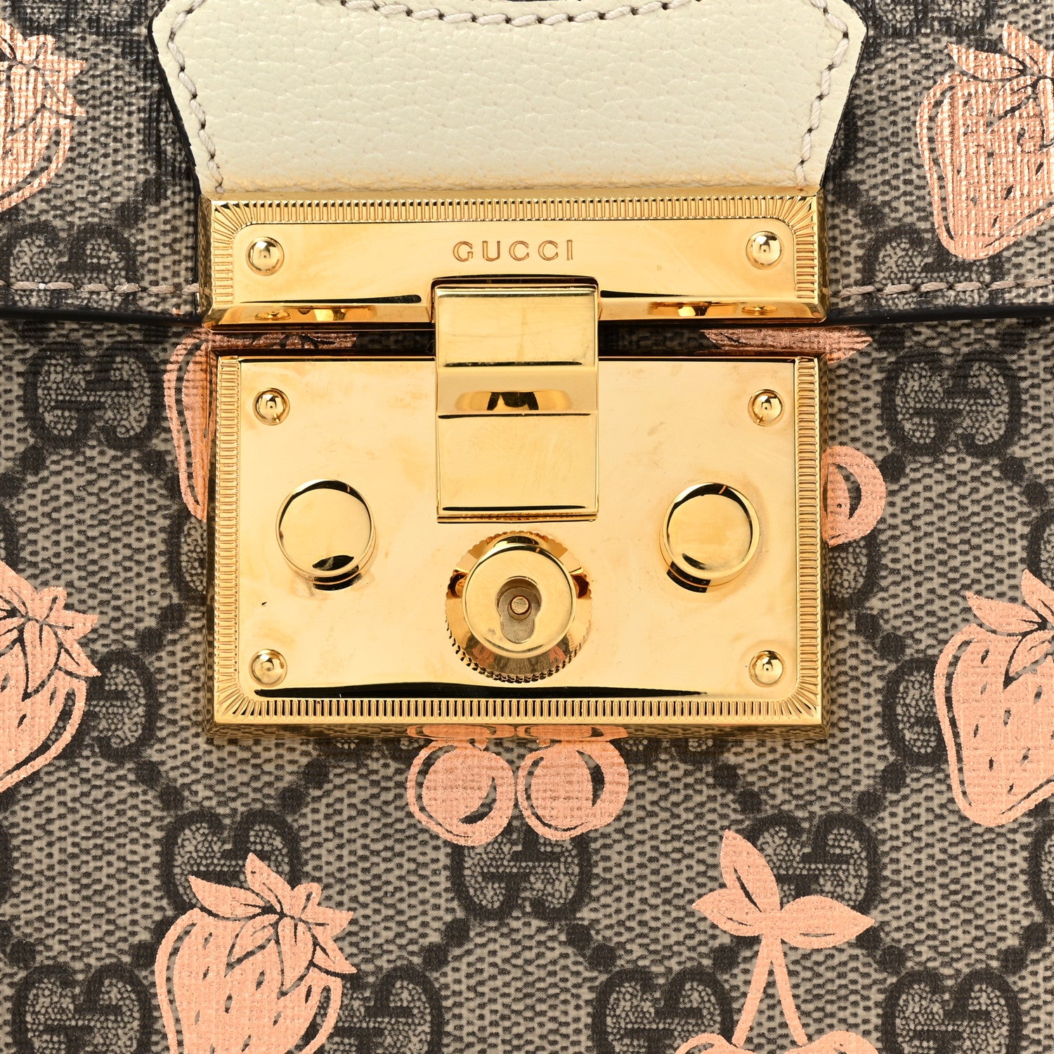 Gucci GG Supreme Monogram Berry Textured Dollar Calfskin Small Padlock Bamboo Shoulder Bag Beige Ebony Light Copper Mystic White 8 of 12