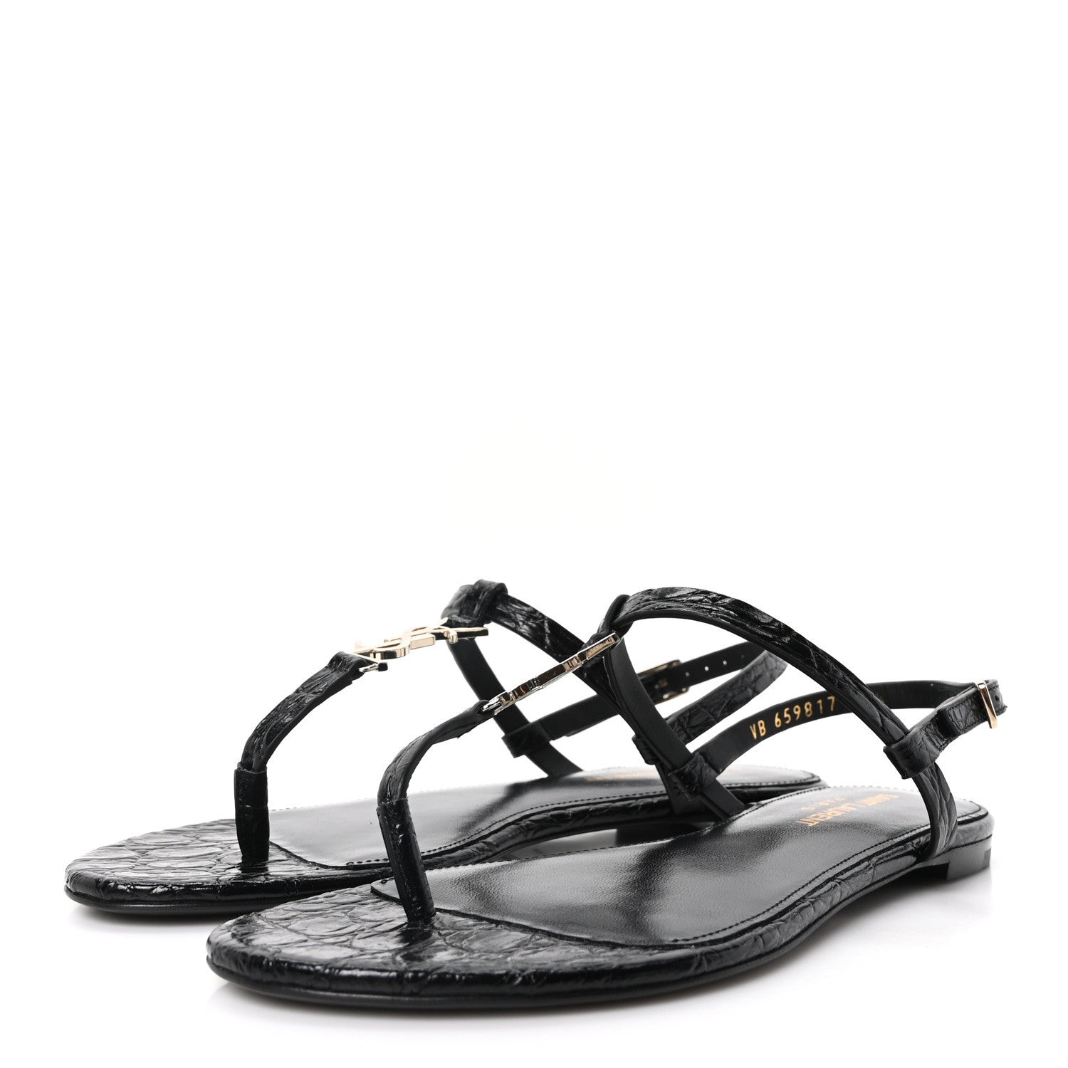 Saint Laurent Calfskin Crocodile Embossed Cassandra Monogram Sandals 35.5 Black 4 of 10
