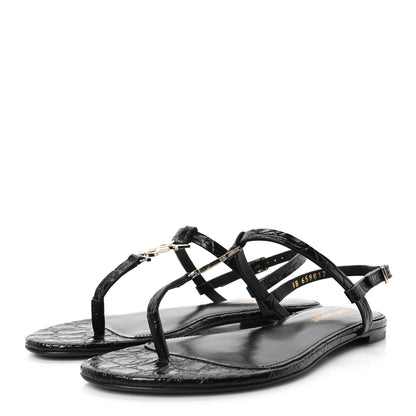 Saint Laurent Calfskin Crocodile Embossed Cassandra Monogram Sandals 35.5 Black 4 of 10