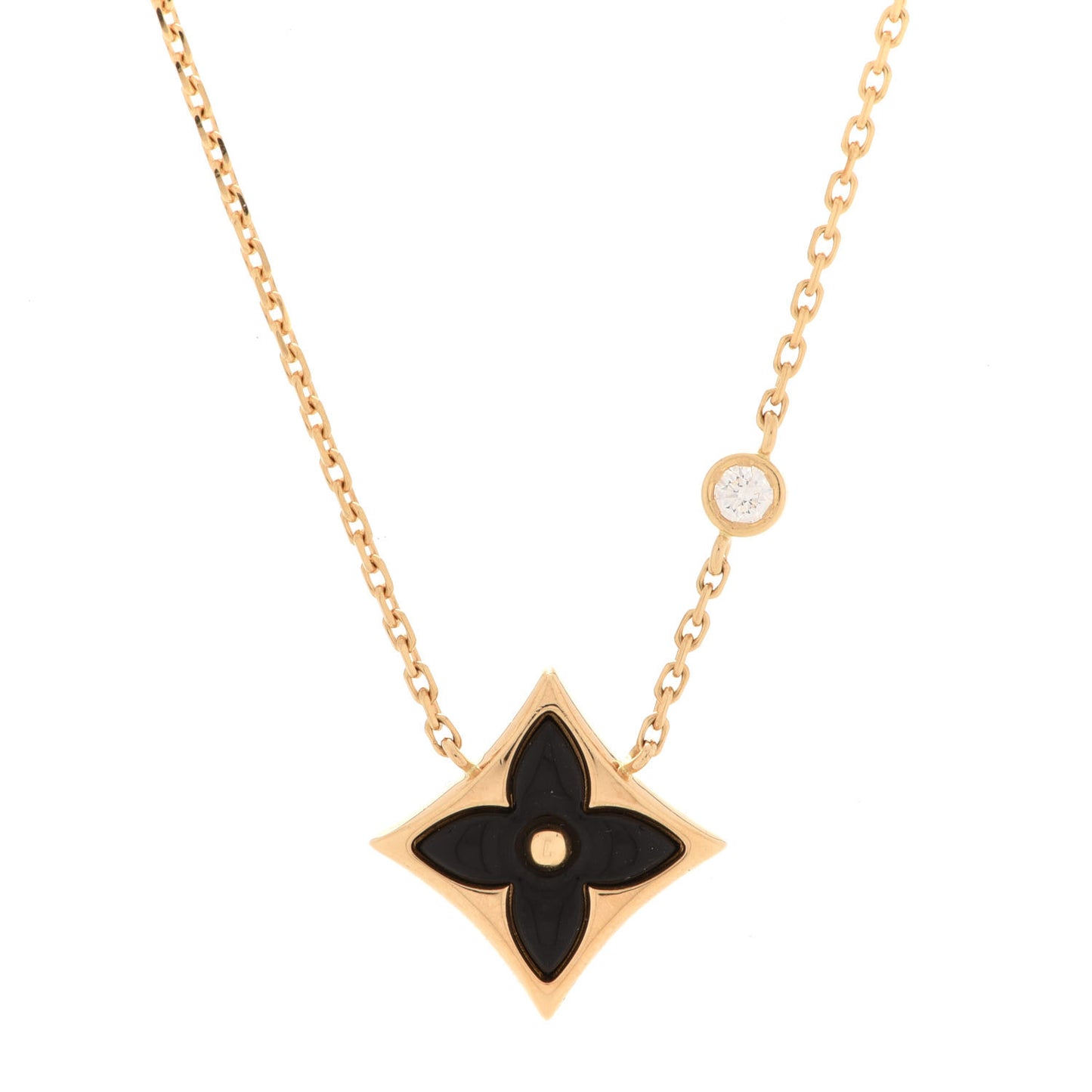 18K Yellow Gold Diamond Black Onyx Color Blossom BB Star Pendant Necklace
