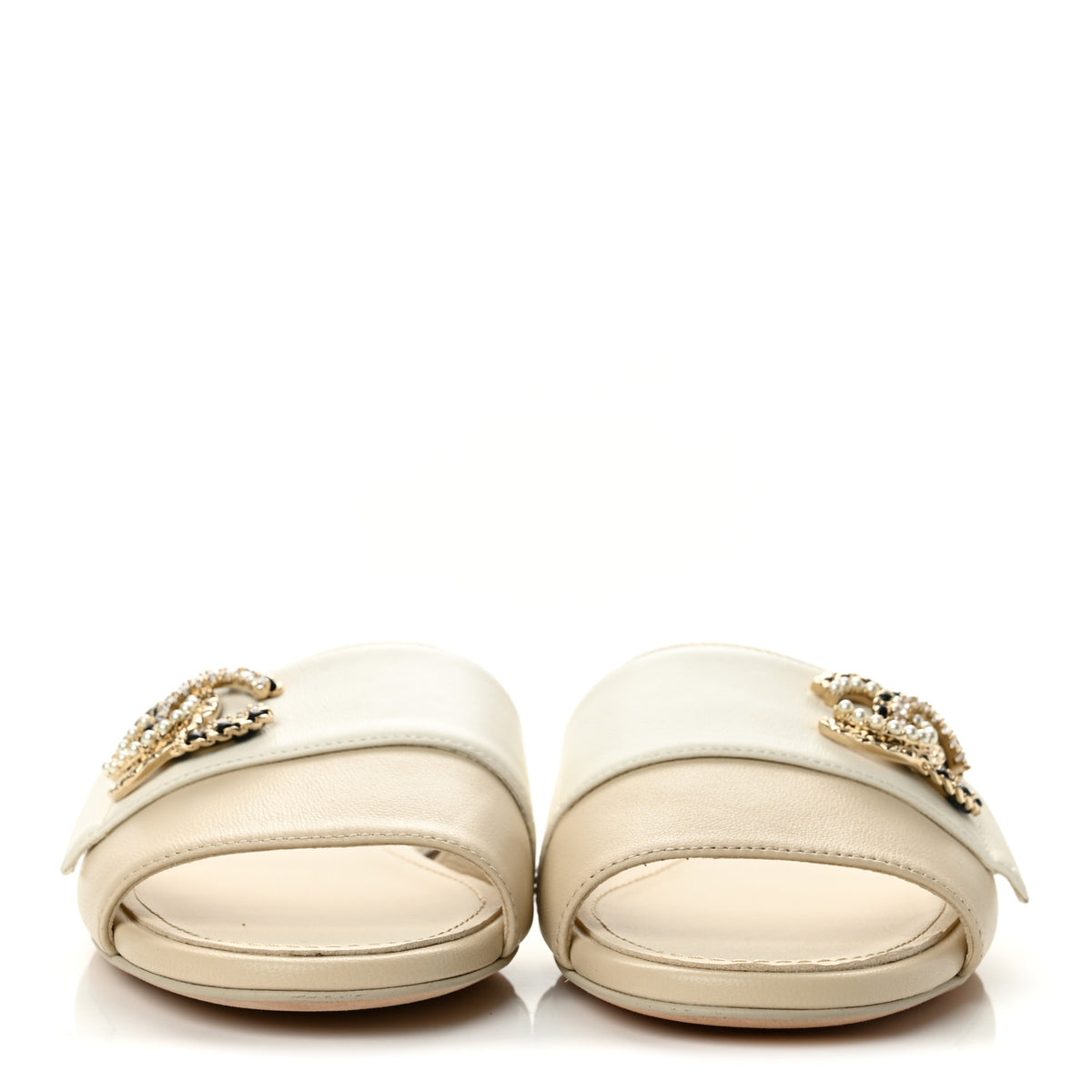 Chanel Lambskin Pearl Crystal CC Mules Sandals 36 Light Beige White 3 of 11