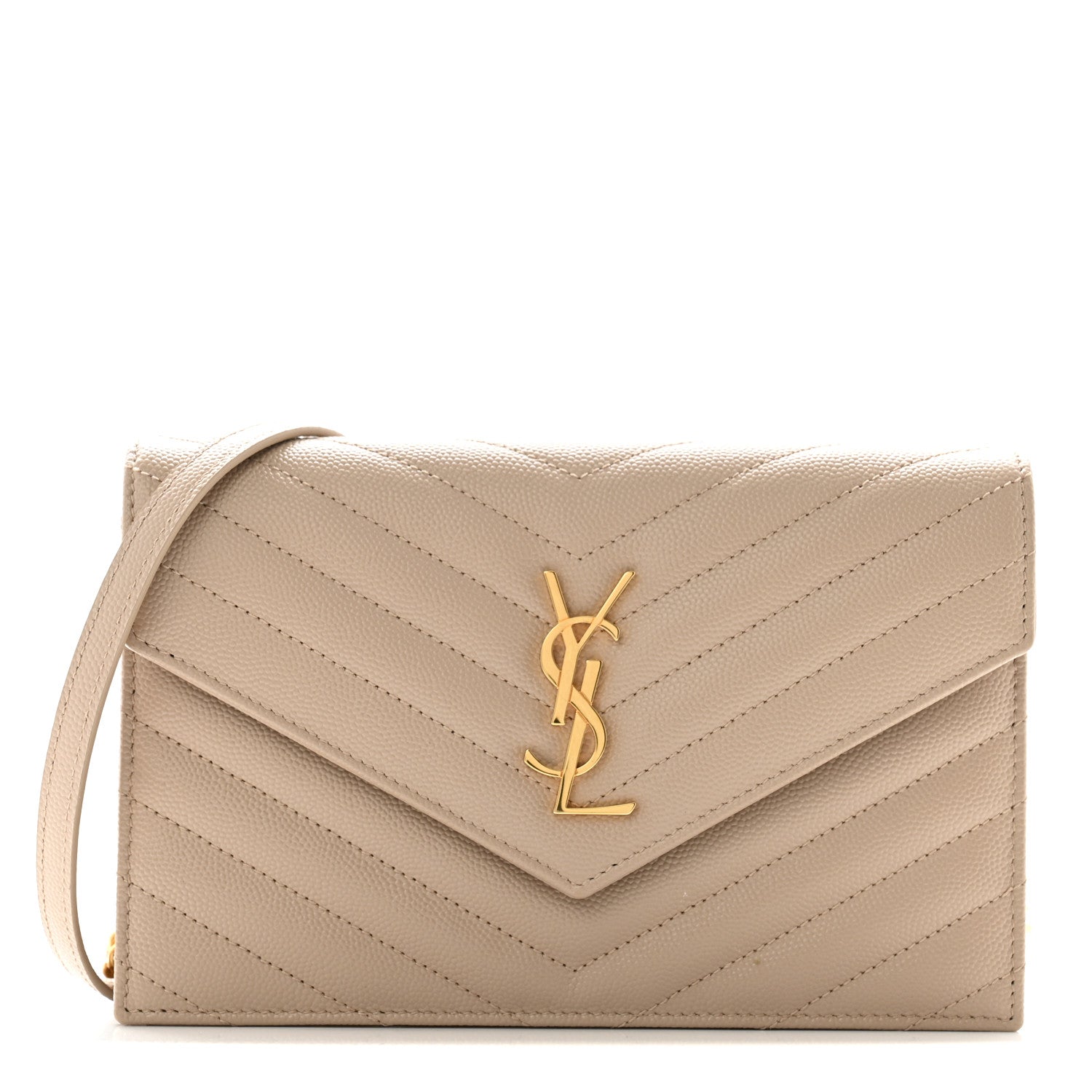 Saint Laurent Grain De Poudre Matelasse Chevron Monogram Envelope Chain Wallet Dark Beige 1 of 10