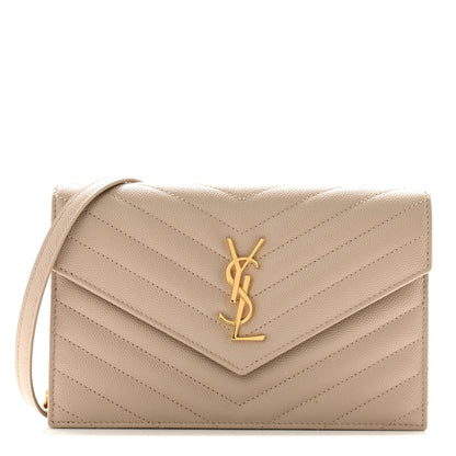 Saint Laurent Grain De Poudre Matelasse Chevron Monogram Envelope Chain Wallet Dark Beige 1 of 10