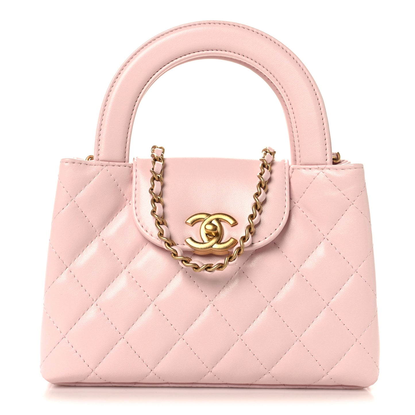 Shiny Aged Calfskin Quilted Nano Kelly Shopper Light Pink