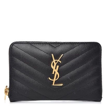 Saint Laurent Grain De Poudre Matelasse Chevron Monogram Zip Around Wallet Black 1 of 13