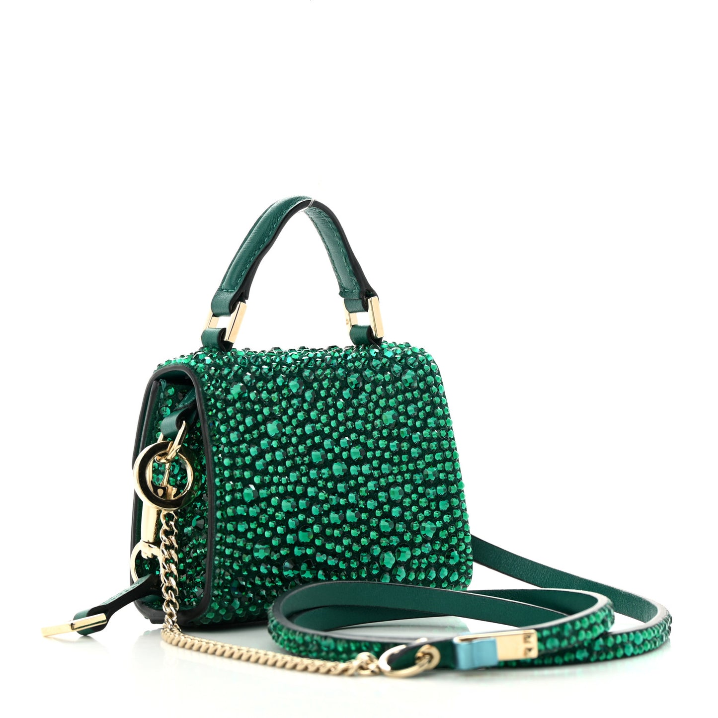 Crystal Embroidered Micro Vsling Top Handle Bag Emerald