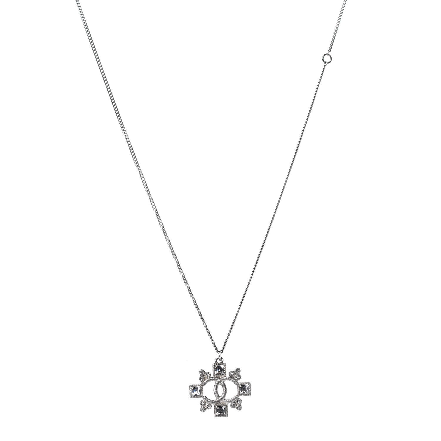 Chanel Baguette Crystal CC Pendant Necklace Silver 1 of 6