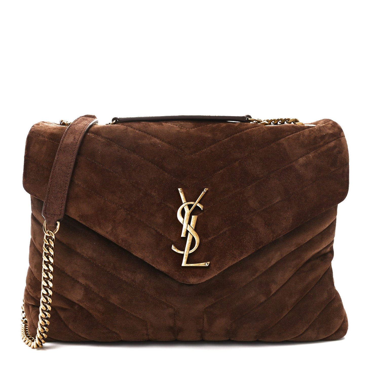 Suede Y Quilted Monogram Medium Loulou Chain Satchel Bark Brown