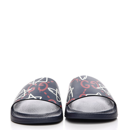 Gucci Calfskin GucciGhost Print Womens Slide Sandals 37 Blue Agata Hibiscus Red 4 of 8