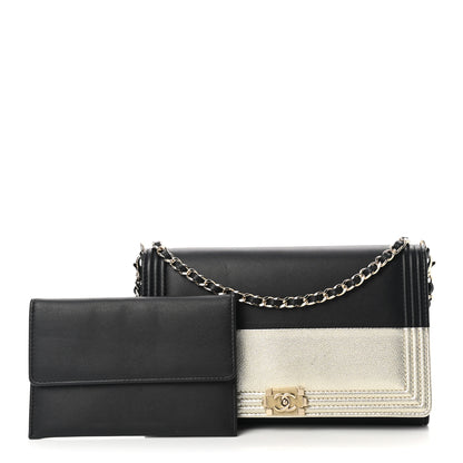 Chanel Metallic Goatskin Lambskin Boy Wallet on Chain WOC Black Gold 1 of 15