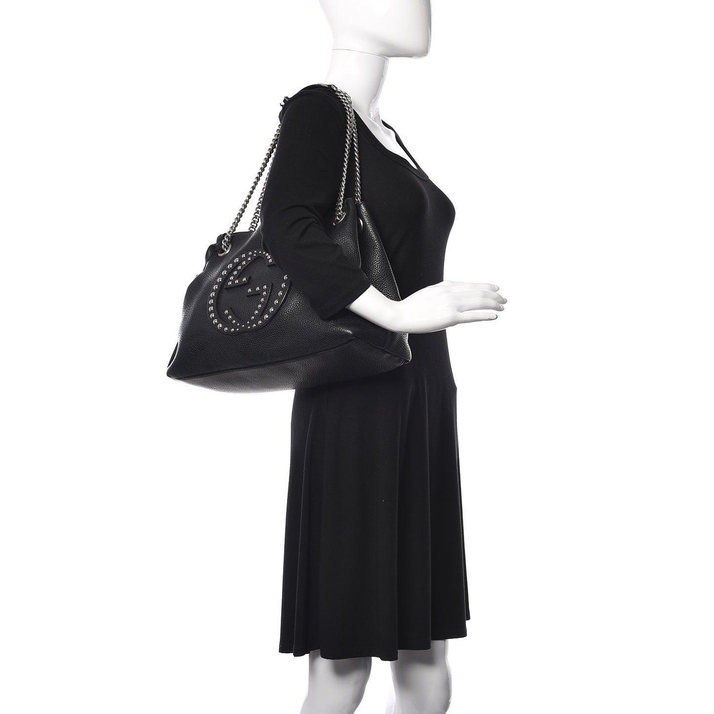 Pebbled Calfskin Studded Medium Soho Chain Shoulder Bag Black