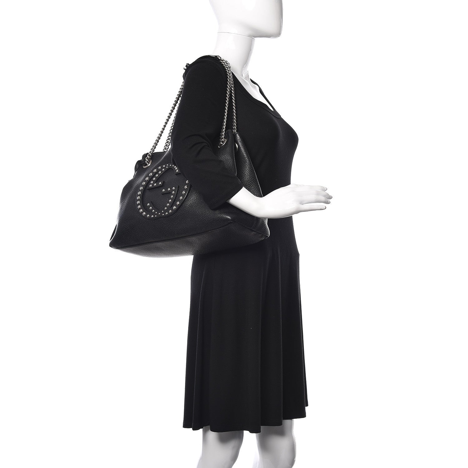 Gucci Pebbled Calfskin Studded Medium Soho Chain Shoulder Bag Black 2 of 14